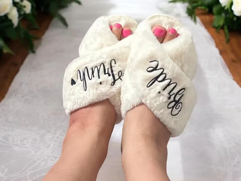 Custom Fluffy Slippers Set for Bridal Party | Personalized Soft Bridesmaid Slippers | Bachelorette Party Gifts | Fluffy Slippers view 3