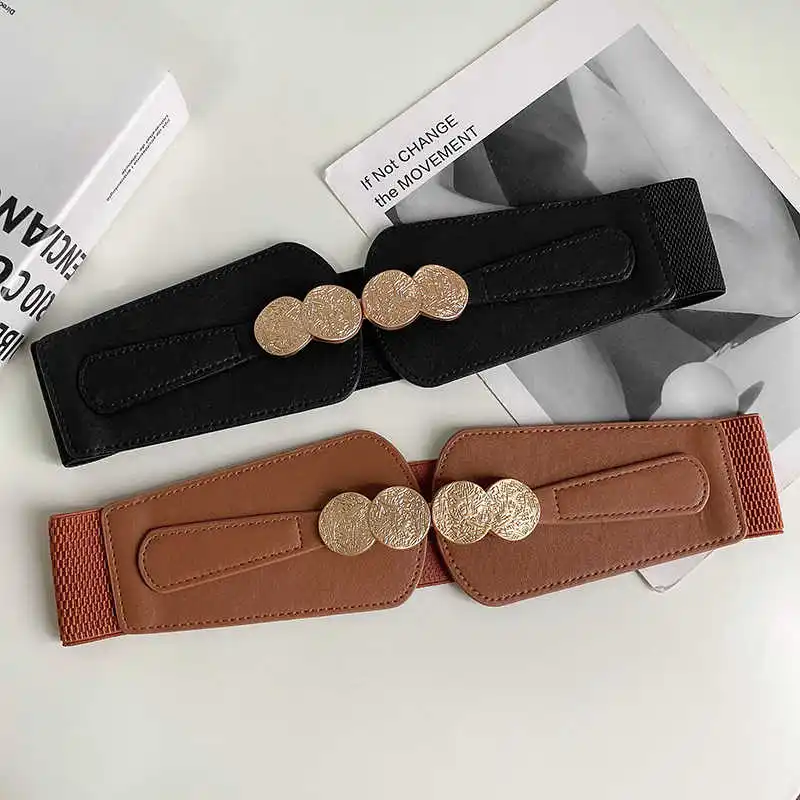 مشد للخصر للنساء 2024 نمط جديد قابل للتعديل حزام خصر مرن الخارجي مباراة معطف على شكل ثوب فاخر أسود حزام جلد مزخرف