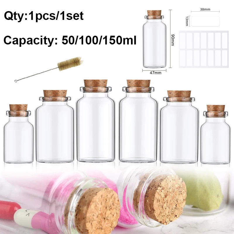 

1 шт./1 комплект, прозрачная пробковая стеклянная бутылка с этикеткой и щеткой, 50-150 мл
