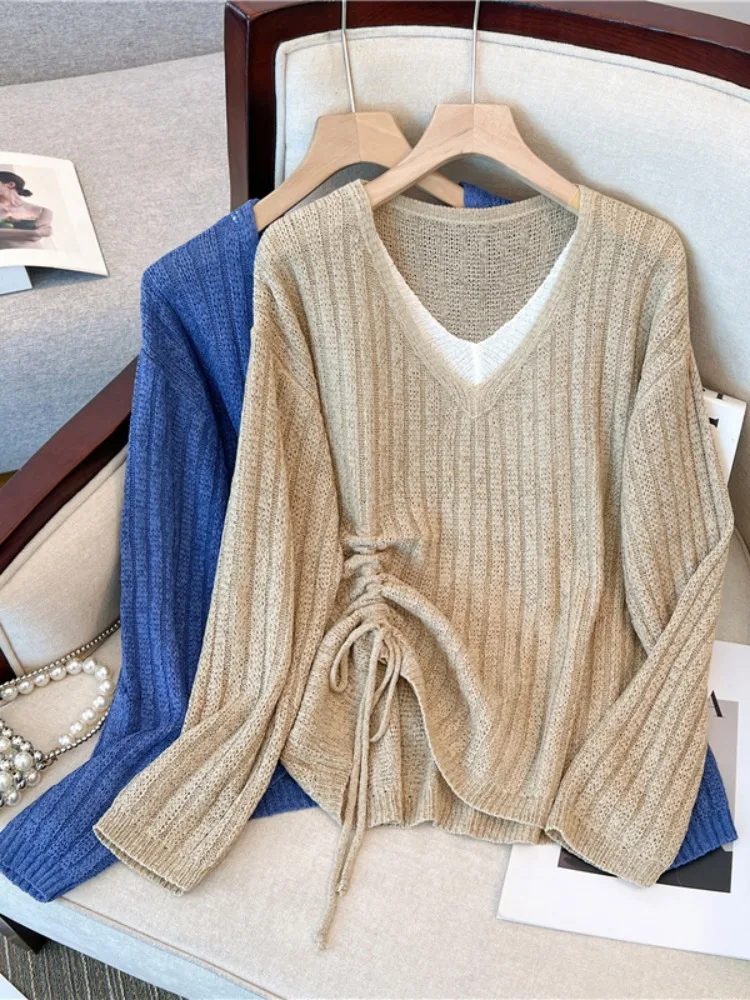 plus Size V-Neck Drawstring Knitwear Women's Base Layer Shirt Long Sleeve Conceal Belly Hide Fat Top Korean Style Loose Fit