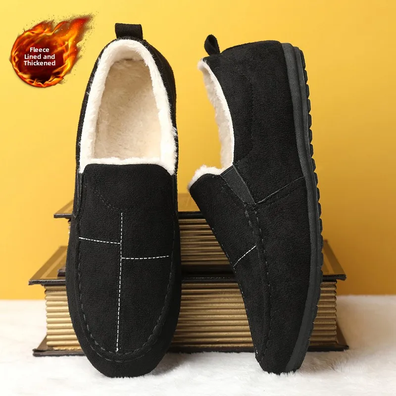 

Мужские зимние утепленные ботинки-слипоны с флисовой подкладкой, нескользящие, теплые, в пекинском стиле, хлопковые, на резиновой подошве, с круглым носком, на плоском каблуке