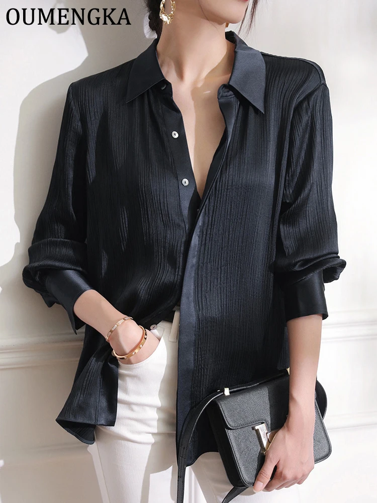 Camisas transparentes holgadas informales para mujer, blusa de gasa arrugada de manga larga con solapa de verano, ropa de calle, camisas negras para mujer