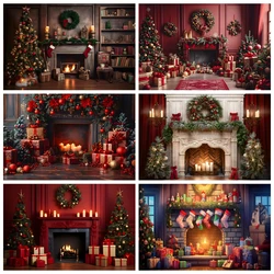 Christmas Fireplace Photography Backdrops Interior Xmas Tree Gifts Christmas Party Decoration Photo Background Photozone Props