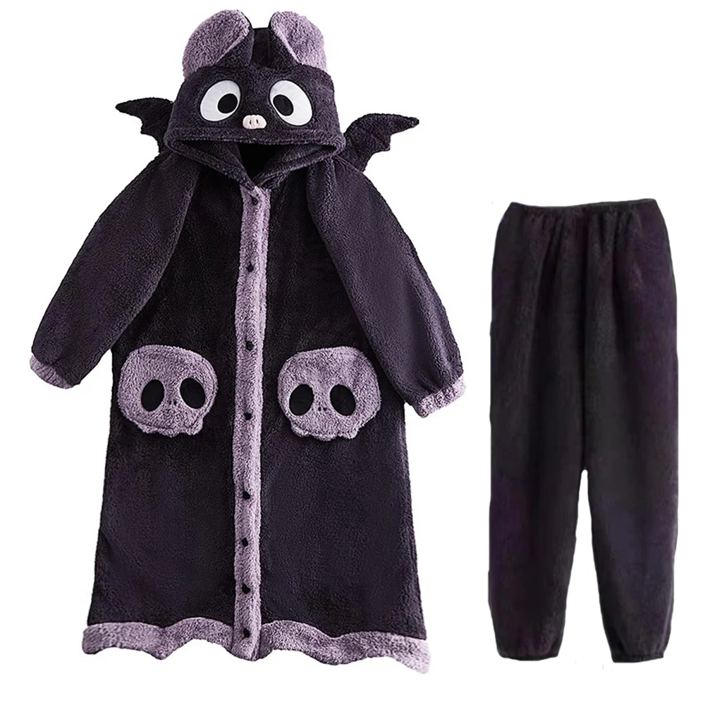 Bat Cosplay Hooded Nightdress With Pants 2 Piece Set Skeleton Witch Nightgown Set Winter Flannel Pajamas Set Halloween Nightwear