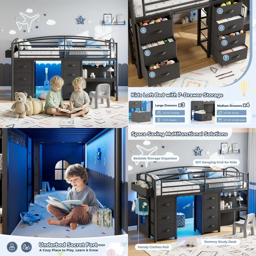 

Twin Size Low Loft Bed with 7 Drawers, Desk, LED Lights, Safety Rail, Anti-Collision Pad, Play Curtain, and Under-Bed Play Area