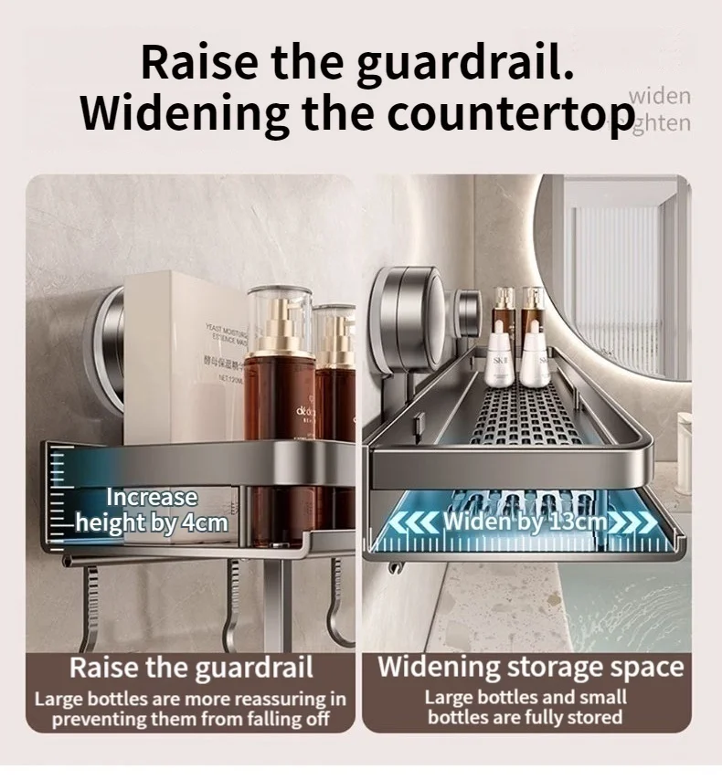 Kein Bohren, Saugnapf, selbstklebendes Badezimmerregal, Badezimmerregal, Toilette, Aluminium-Hängeregal, Badezimmer-Organizer, zum Aufhängen an der Wand – Detail 14