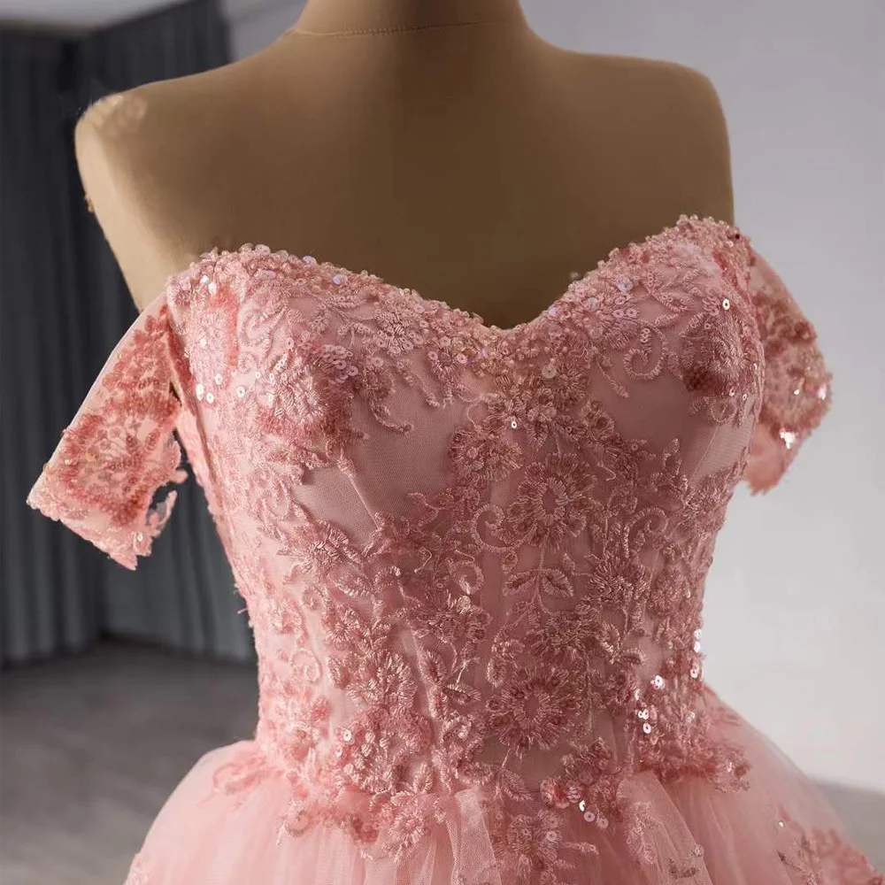 Robe De Soirée Femme Abiti da sera rosa Sweetheart con spalle scoperte Lace Up Back Paillettes Ricamo a strati Abito da ballo donna 2025