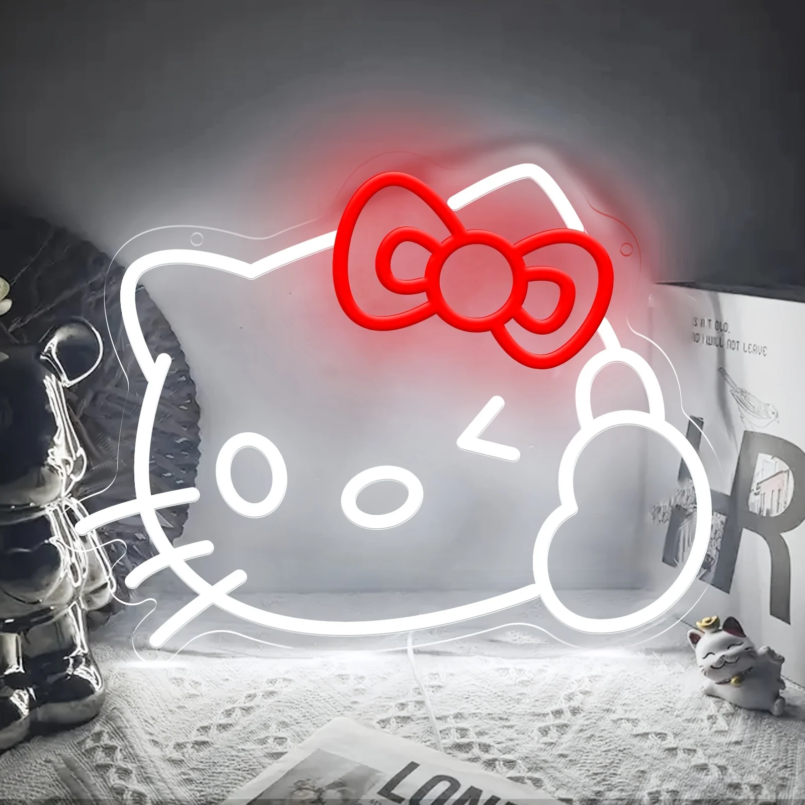 

Светодиодная неоновая вывеска Hello Kitty с красным бантом, милый ночник для спальни, комнаты девочки, кавайный декор для дома, романтический подарок для детей