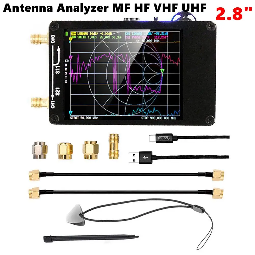 Сетевой анализатор с TFT-монитором 2,8 дюйма, MF HF, VHF, UHF, Векторный анализатор сети со слотом для SD-карты, USB, 5 В, мА для фазы VSWR