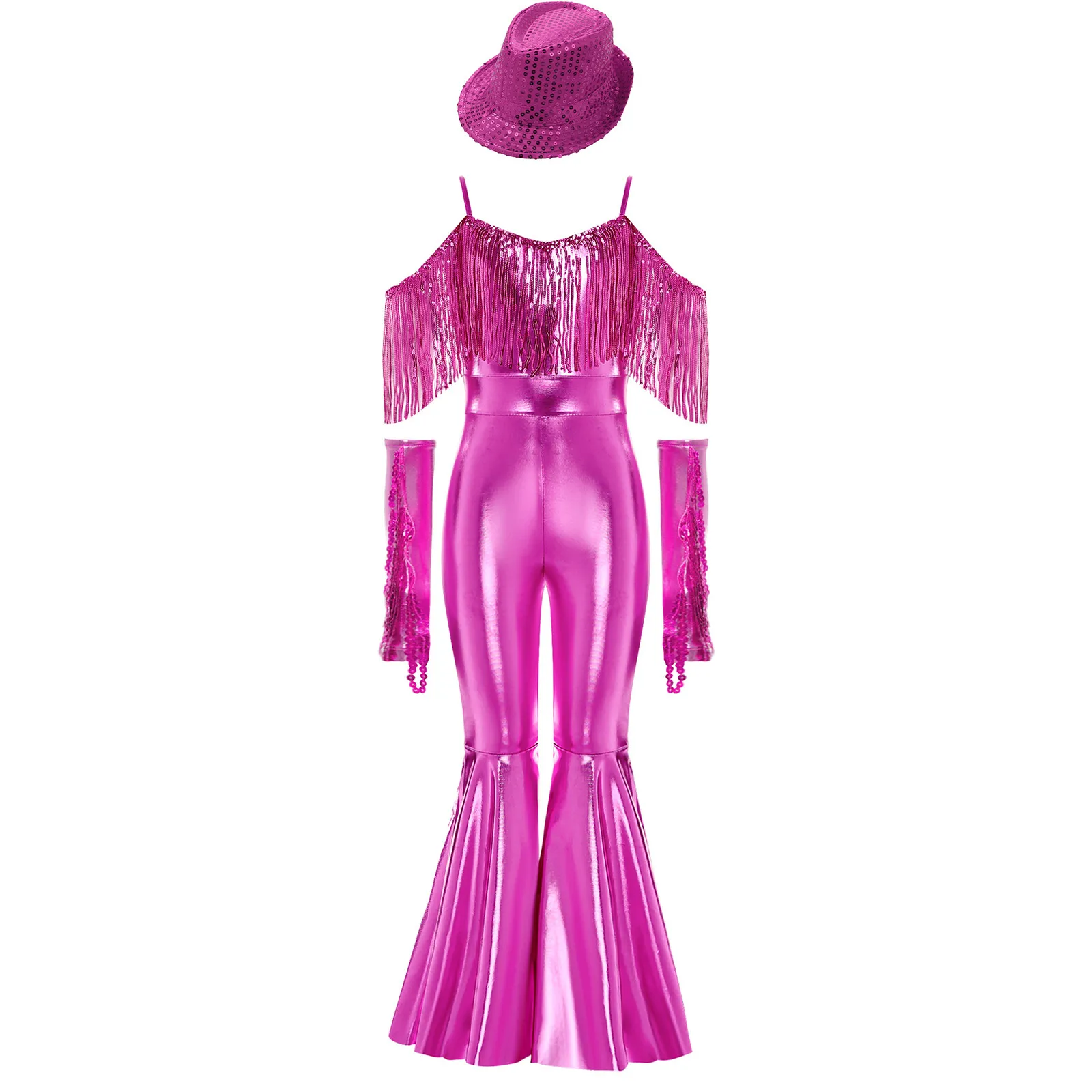 Kids Girls Jazz Dance Outfit 70s Disco Hippie Cowgirl Cosplay Costume Sequins Tassels Flared Jumpsuit Halloween Carnival Clothes