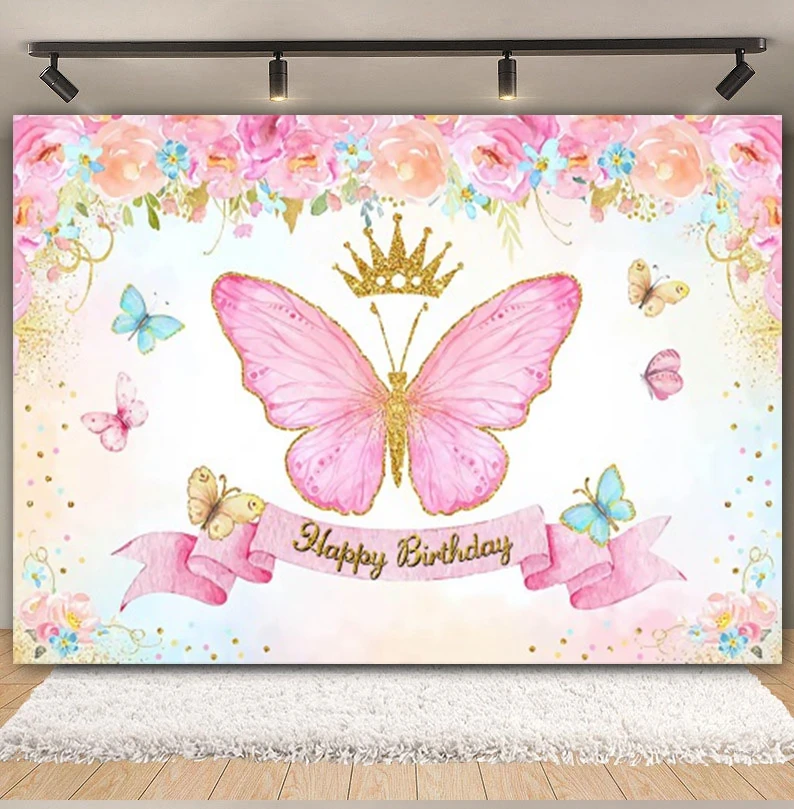 Butterfly Rainbow Flower Backdrop for Girls Princess 1st Birthday Party Newborn Baby Shower Photography Background Photo Studio