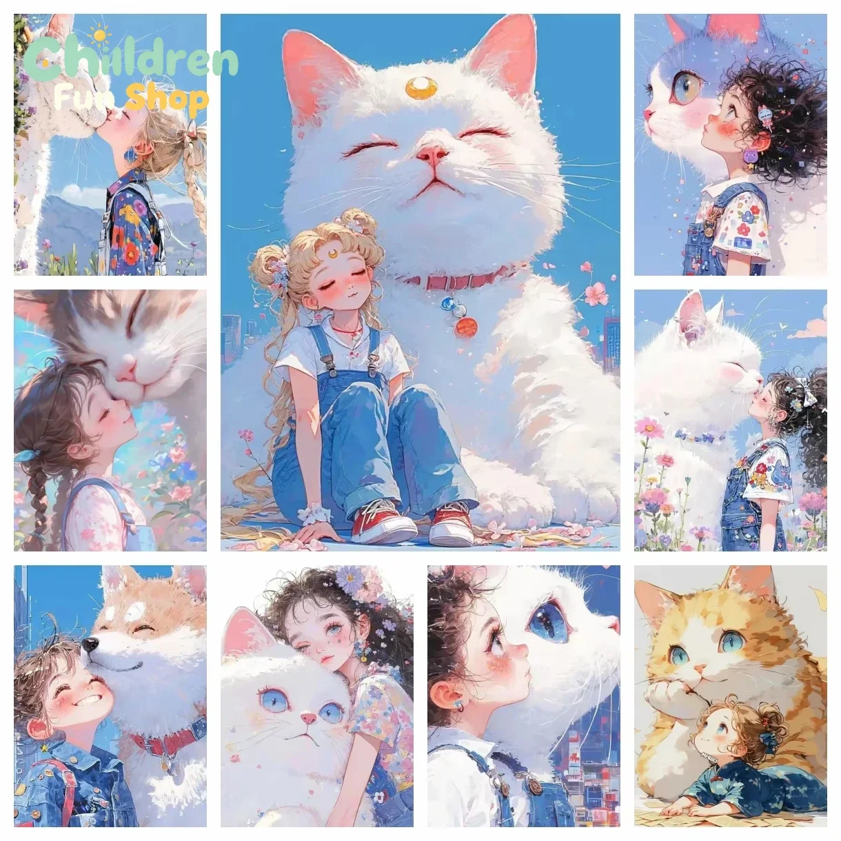5D Full Drill Diamond Painting Kit Cute Girl With Giant Fluffy White Cat Blue Sky Cherry Blossom Sweet Portrait DIY Diamond Ar