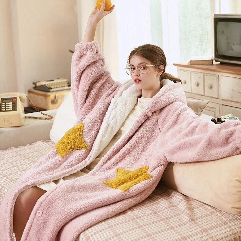 Winter Nightgown Plush Coral Fleece Sleepwear Kawaii Cartoon Flannel Hooded Robes Thick Warm Pajamas Home Clothes Pijama Mujer