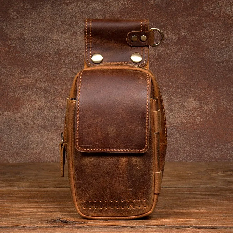 Men's Vintage Handmade Top-Grain Crazy Horse Leather Waist Bag, Multi-functional Waist-Hung Genuine Leather Phone Pouch & Wallet