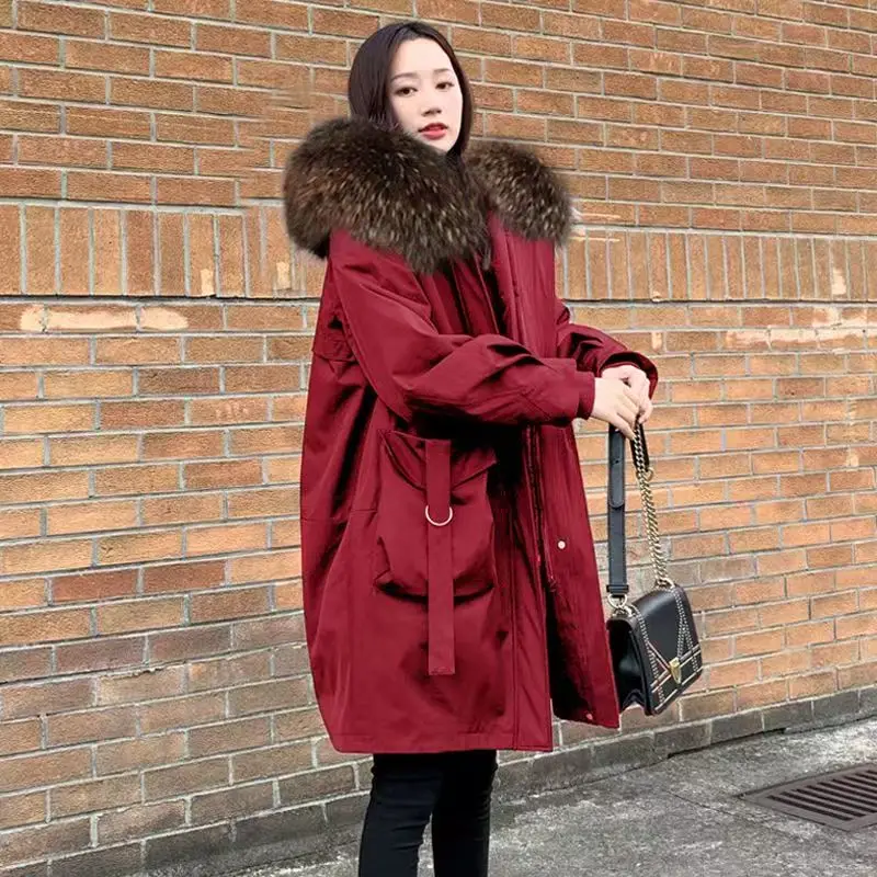 2025 New Women Cotton Coat Winter Jacket Female Mid-length Plush Thicken Parkas Fur Collar Loose Outwear Frock Hin Thin Overcoat