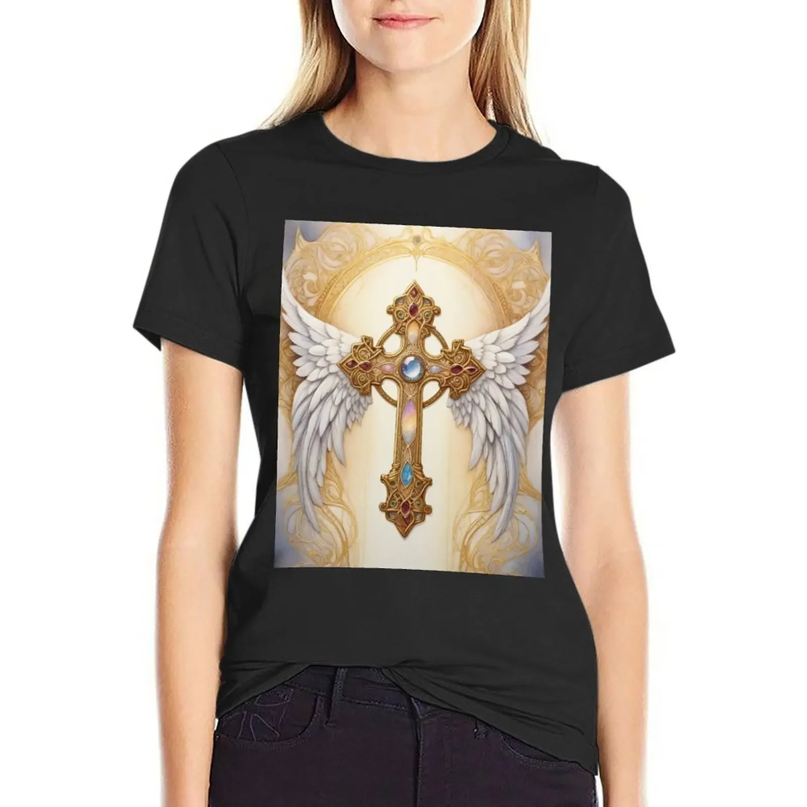 

Sophisticated Cross Painting: Christian Wall Art, Home Decor Cross T-Shirt Female clothing cute clothes Women's cotton t-shirt