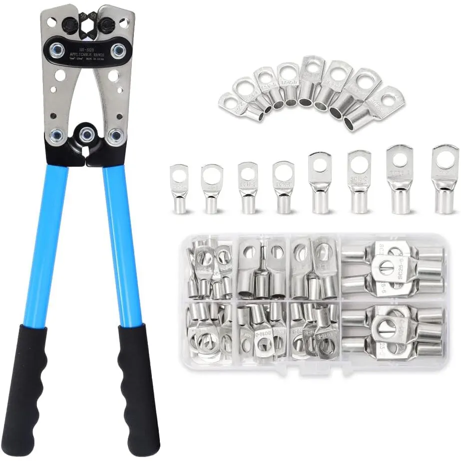 

T50 Battery Cable Lug Crimping Tool 10-1 AWG with 60Pcs Copper Ring Terminals 8 Sizes Cable Lugs Set, Heavy Duty Wire Crimper