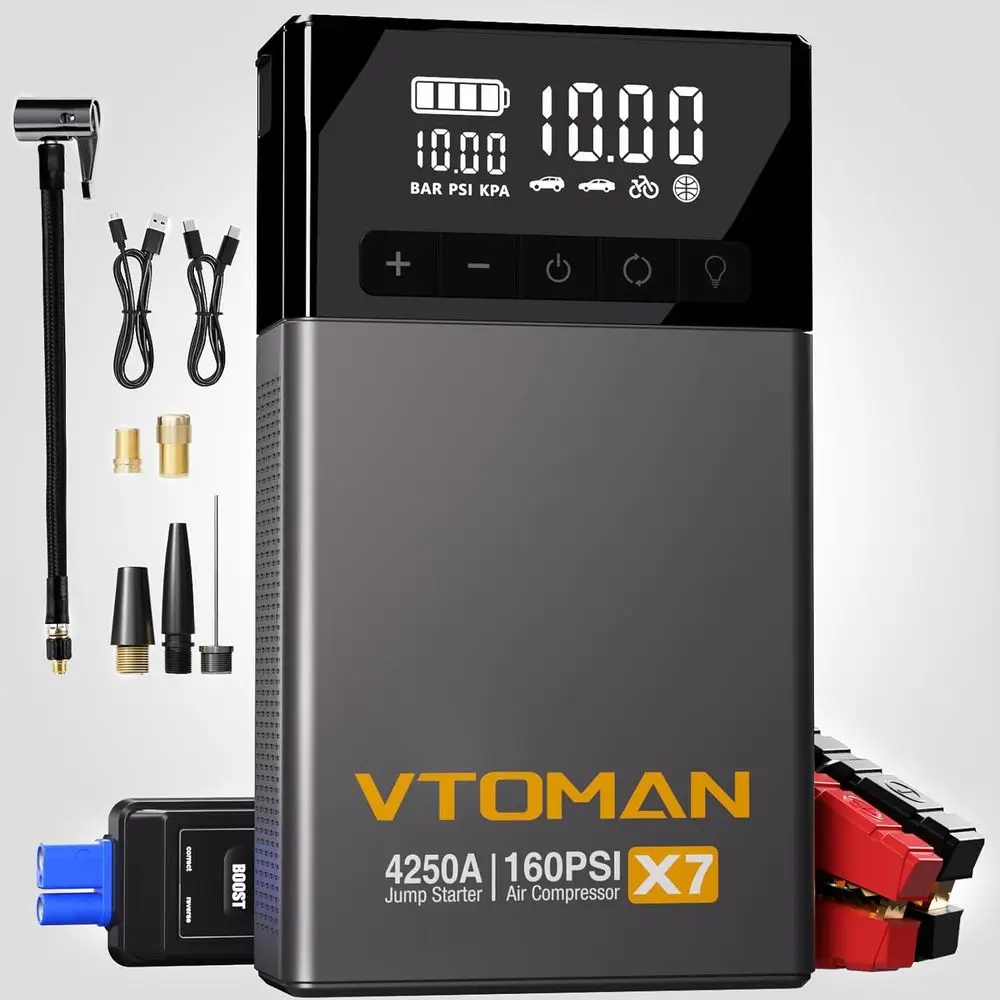 

Portable 12V Lithium Jump Starter with Air Compressor, 4250A & 160PSI for Pickup Trucks & SUVs, Auto-Shutdown Tire Inflator, QC3