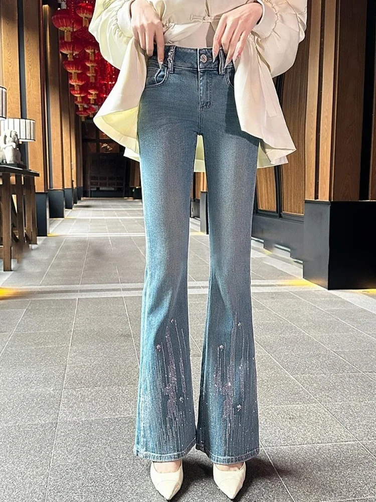 

2025 Spring Autumn Heavy Hot Drilling Skinny Jeans for Women New High Waist Elastic Slim Fit Fashionable All-Matching Trousers