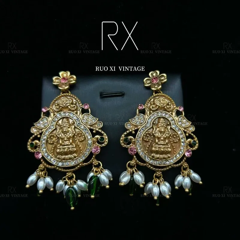 Vintage Pearl Drop Earrings, Heavy Craft Palace New Chinese Ethnic Portrait Elegant Luxury Ear Jewelry For Women