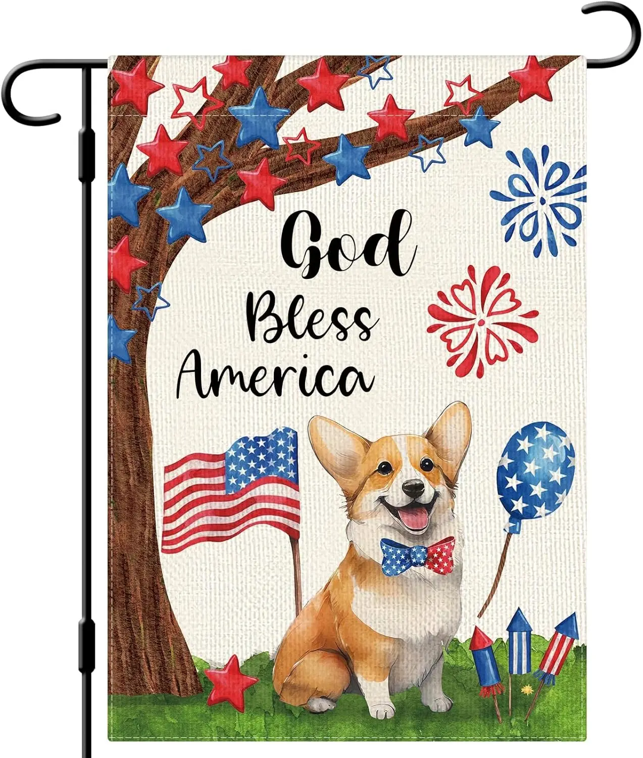 DLZDN God Bless America 4th of July كورجي حديقة الكلب العلم 12 × 18 بوصة مزدوجة الجانب العمودي الخيش مزرعة ساحة العلم Indepen HHU