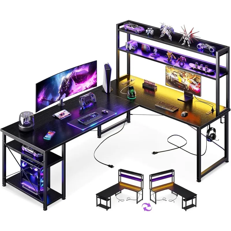 

L Shaped Gaming Desk with Hutch & Power Outlets & LED Strip & Monitor Stand, 66" Reversible Computer Desk ,computer desks