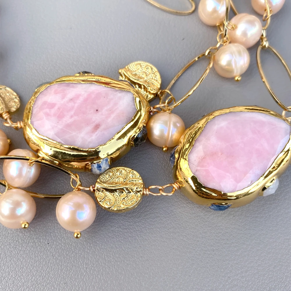 Y·YING Cultured Orange Pearl Pink Jade Sunstone Statement Necklace Designer Jewelry
