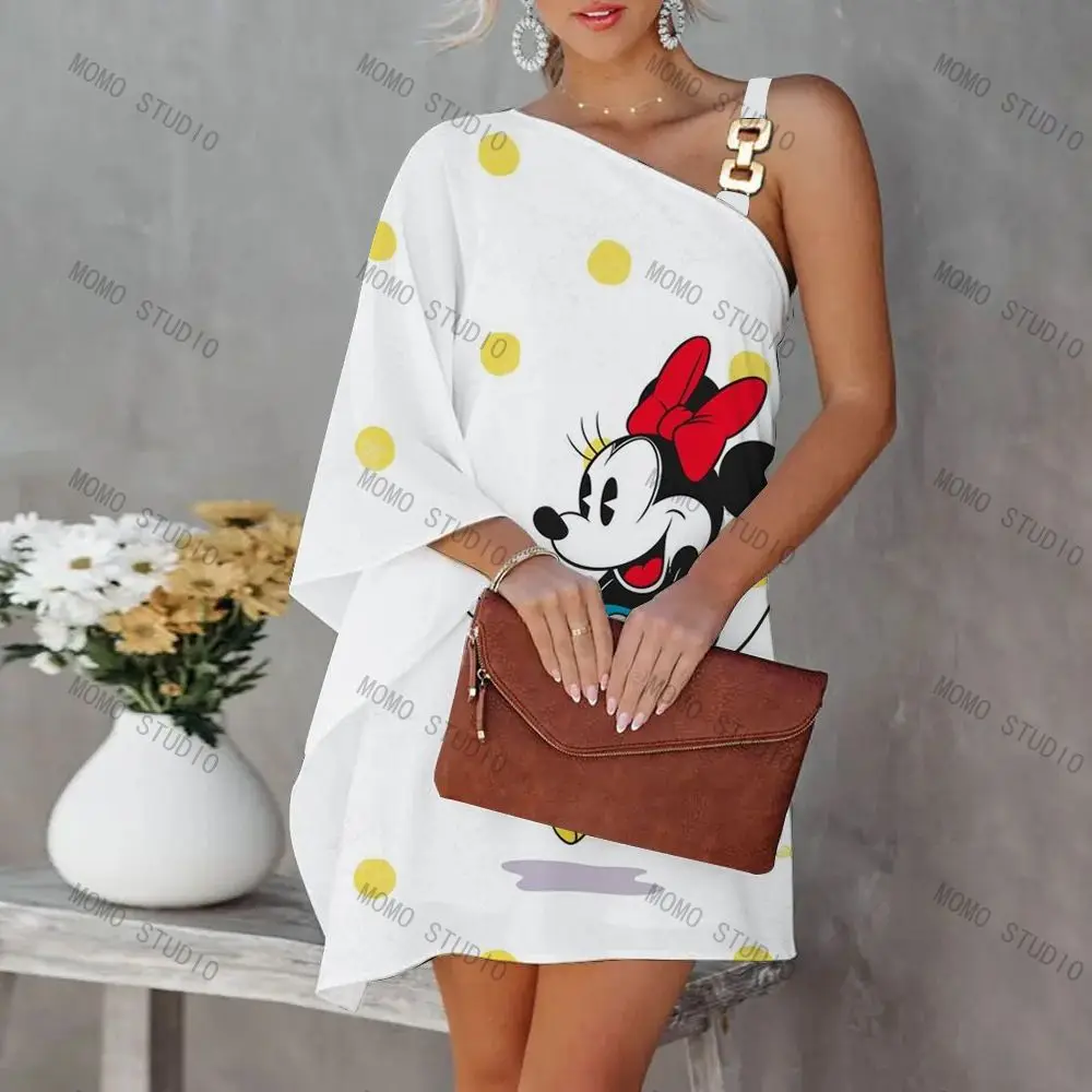 Luxury Dress Flare Sleeve Leisure Diagonal Collar Fashion Evening Dresses for Women 2022 Mickey New Disney Y2k Minnie Mouse Gala