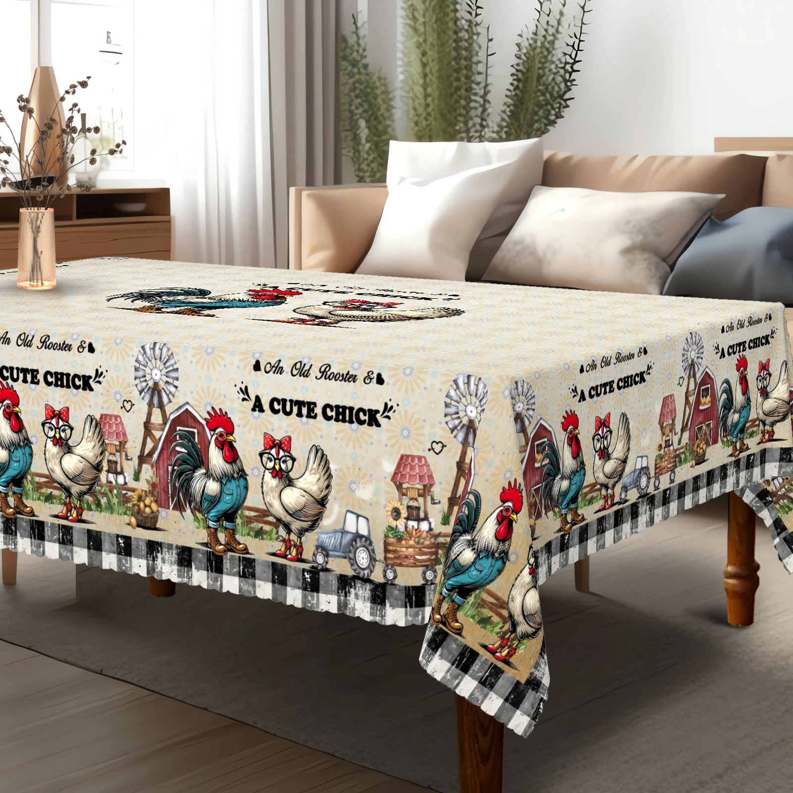 1 Stück, bedruckte Polyester-Tischdecke im Vintage-Stil mit Huhnmuster + 4 selbstklebende Aufklebern, geprägte Kanten, geeignet für Zuhause, Küche, Wohnzimmer, Esstisch, Balkon, Couchtisch,