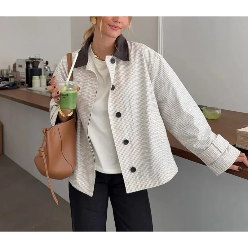 

Новая женская куртка с длинными рукавами, однобортная, с воротником из кожи и вставками в клетку цвета слоновой кости