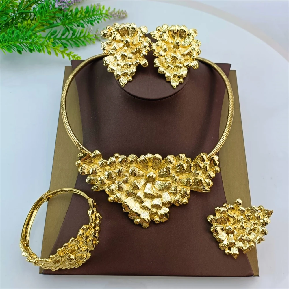 طقم مجوهرات بتصميم زهرة فاخرة من EMMA للنساء قلادة وأقراط أفريقية كبيرة لحفلات الزفاف وإكسسوارات النيجيرية