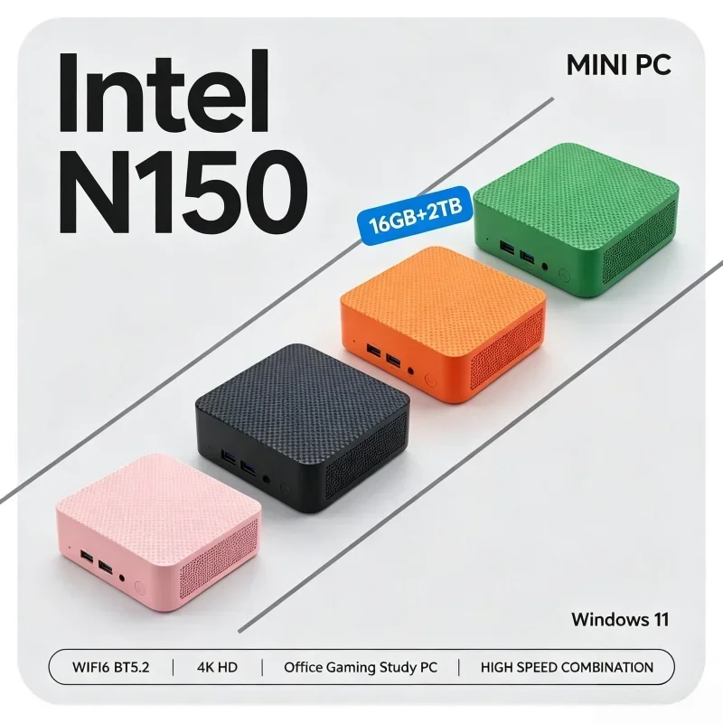 Intel N150 Mini PC Portable Computer Windows11 16GB RAM Optional 1TB‑2TB SSD WiFi6 BT5.2 Home Office Gaming Desktop Mini Host