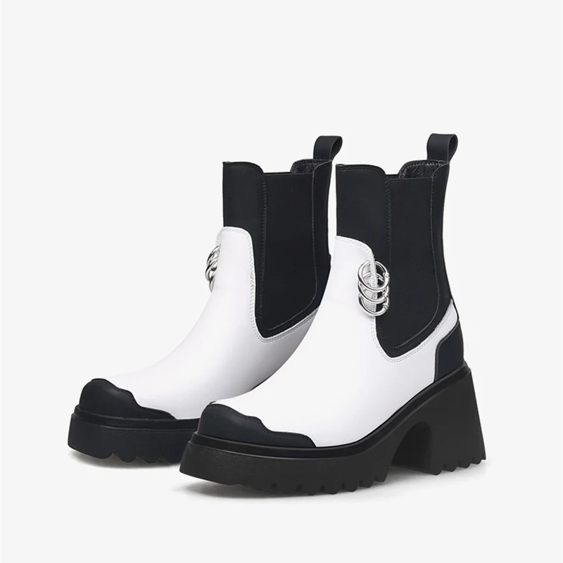 

New metal decoration white black mixed colors shoes 8cm thick heel round toe modern stretch women ankle boot HL468 MUYISEXI