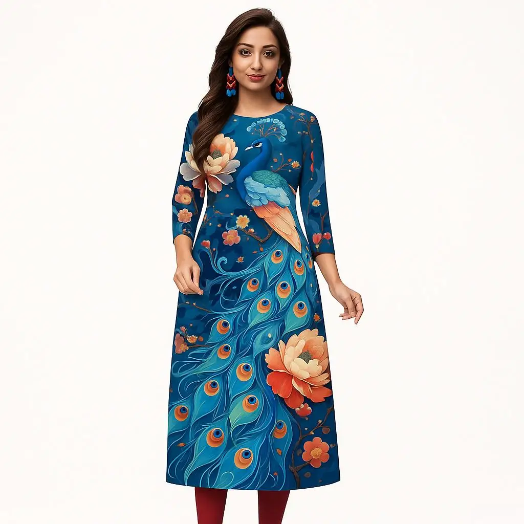 Kurt Women's Fashion Comfortable Dress Long Sleeve Straight Tube Casual Ethnic Round Neck Peacock Pattern New Style Skirt