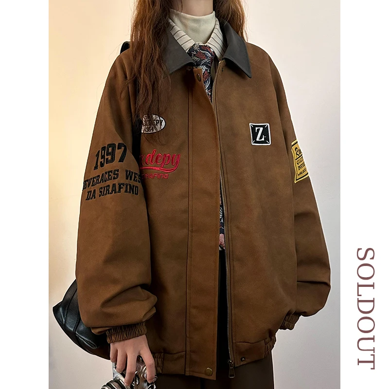 オリジナルアメリカンレトロ刺繍入りPUレザージャケット女性用ルーズメタルカラーアウタートレンディブランドストリートスタイルジッパー開閉