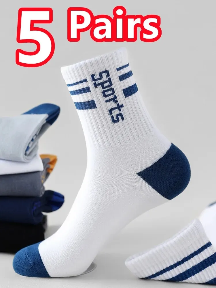 5 Pairs MEN\'S Sports Socks Cotton Mid-calf Socks Breathable Letters Tide Socks Moisture Wicking High Elastic Tube Socks