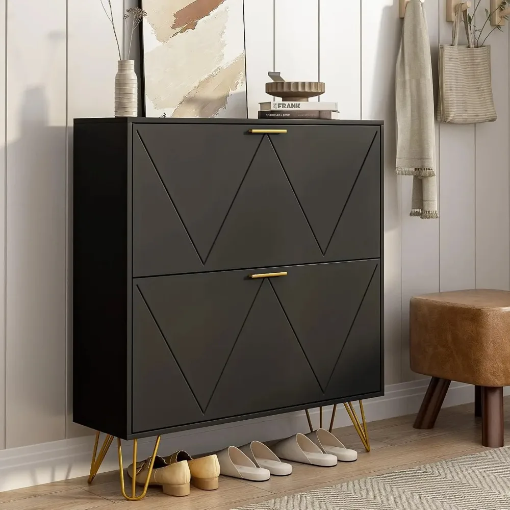 

Black Shoe Cabinet Storage for Entryway, Narrow Shoe Cabinet with 2 Flip Drawers,Freestanding Organizer with Fluted Panel for Li