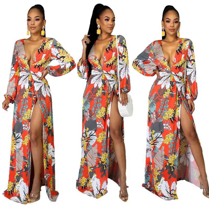 

Dress: Slit long dress, European and American floral print dress, long sexy women's dress, printed autumn
