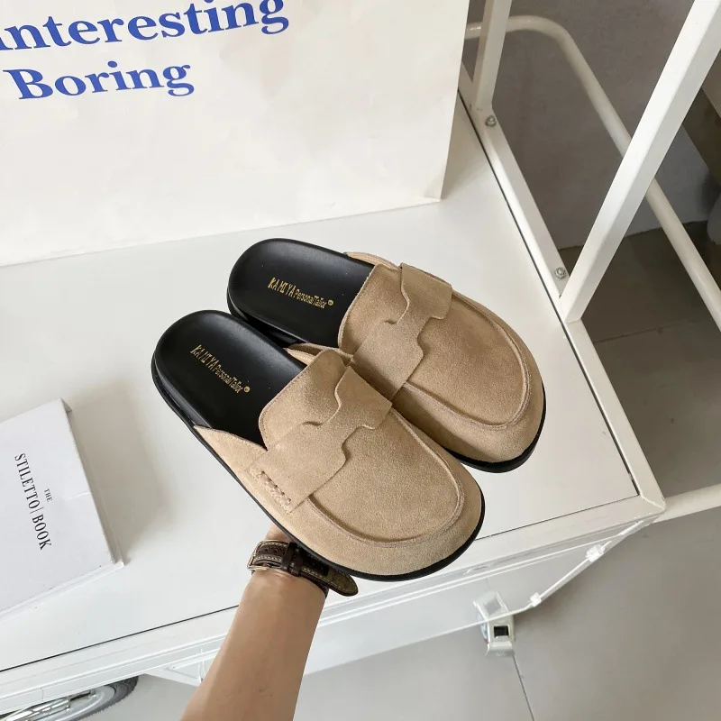 Buty Loafers Slippers Casual Cover Toe Slides Slipers Women Female Mule Low Luxury Flat 2024 Mules Rome PU Rubber Basic Hoof He