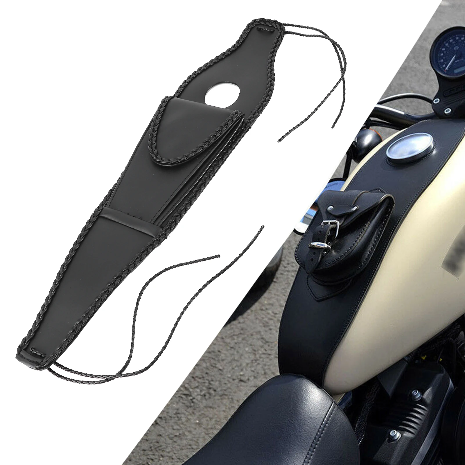 Motorrad-Tankdeckelabdeckung aus PU-Leder für Motorräder mit Beuteltasche – geflochtene Seilkante, passend für XL 883/1200/48