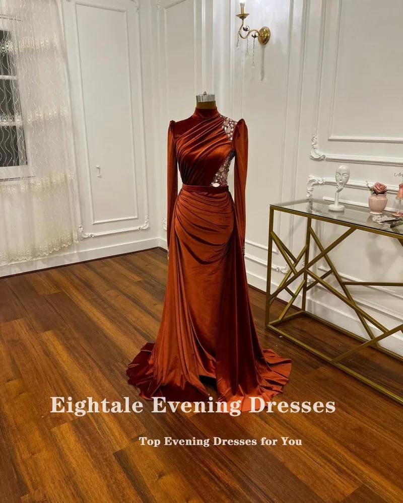 Eightale Muslim Arabic Evening Dresses High Neck Burnt Orange Beaded Long Sleeves Customized Mermaid Prom Party Gowns Velvet