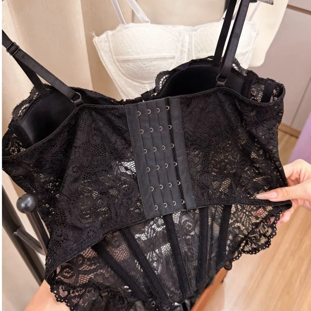 Hottie Mesh Transparentes Spitzen-Camisole, Figurbetontes Fischgräten-Spitzenkorsett, Ärmelloses Träger-Oberteil für den Alltag – Detail 4