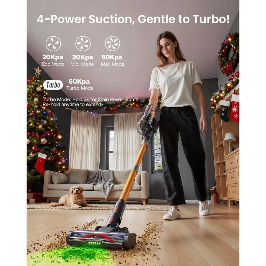 مكنسة كهربائية للمنزل، مكنسة كهربائية مطورة بقوة 60 كيلو باسكال لشعر الحيوانات الأليفة مع وقت تشغيل 70 دقيقة، ضوء LED أخضر للأرضيات الصلبة