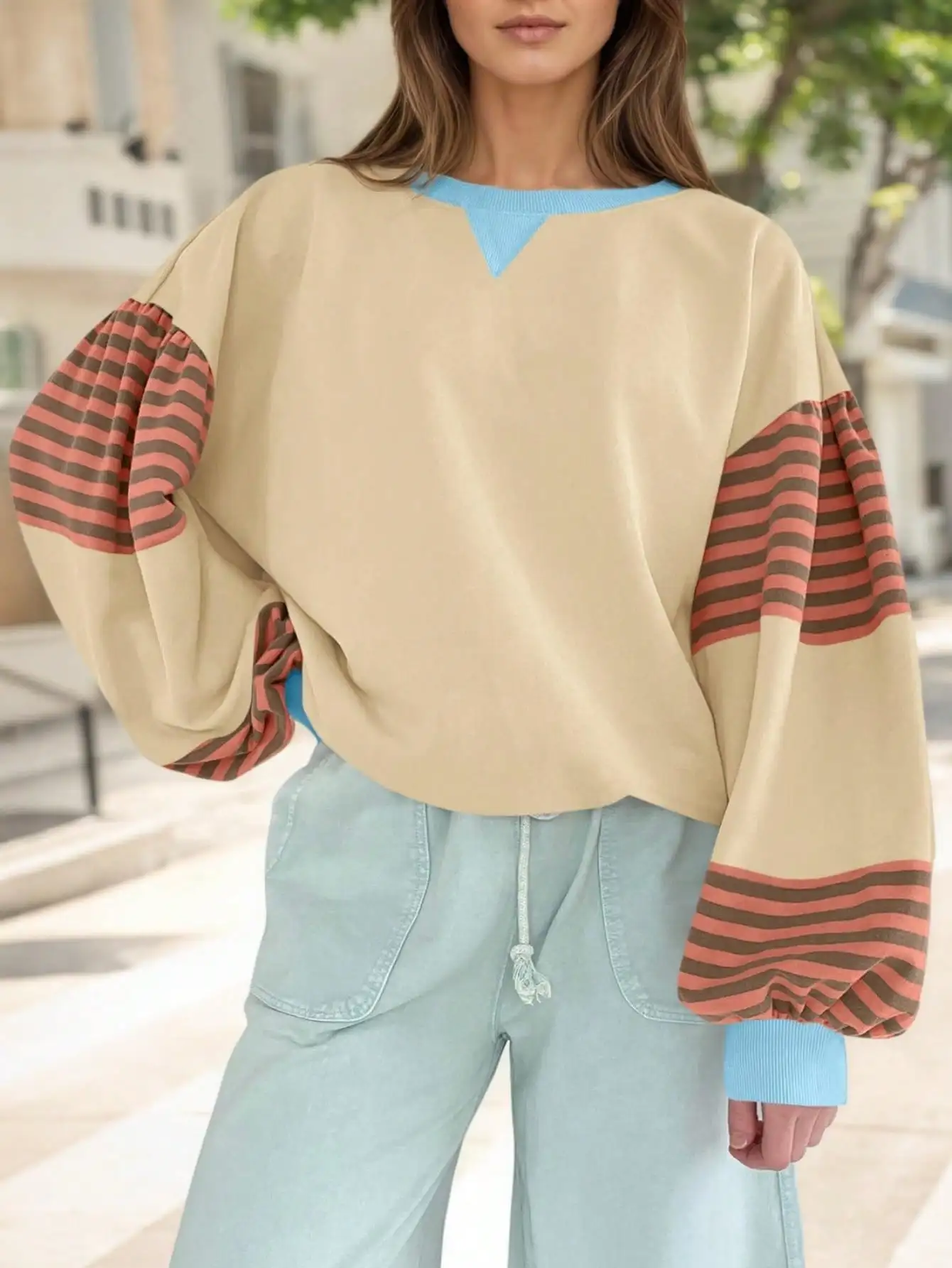 Fisoew sweat-shirt surdimensionné ColorBlock, pull à col rond à manches lanternes rayées, haut d'automne décontracté à manches longues avec épaules tombantes