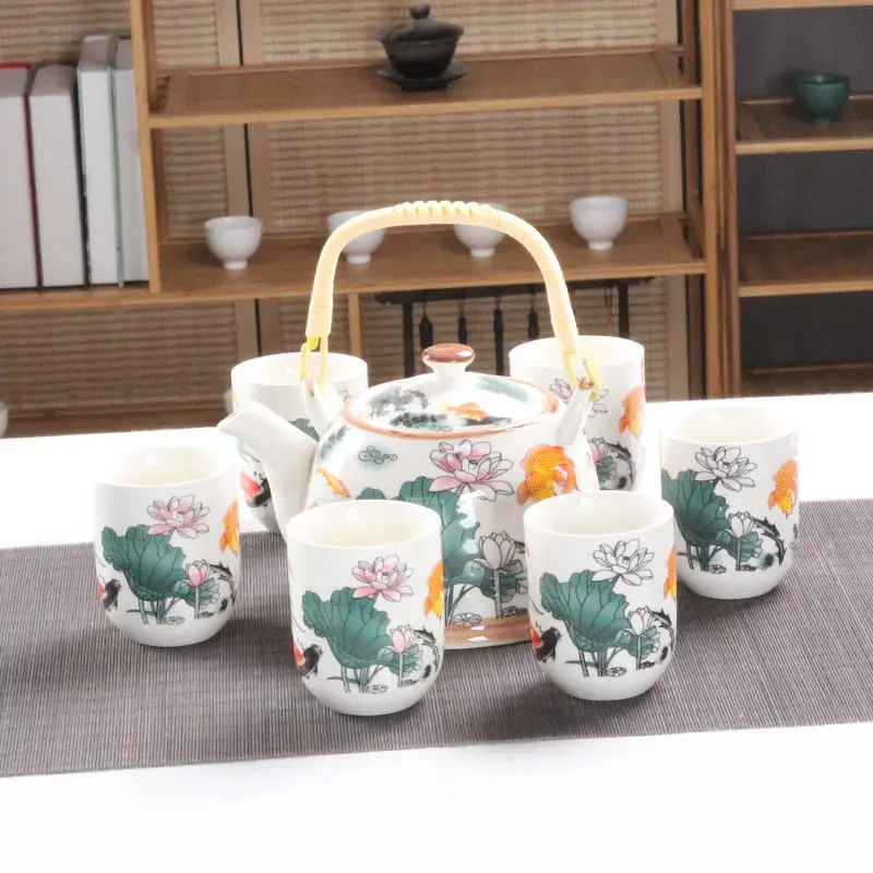 クリエイティブなお茶セット,6カップ,お茶セット,手作り,ティーポット,中国の磁器ギフト,ゴーニュフーフローラルティー,ティーウェア,オフィス旅行