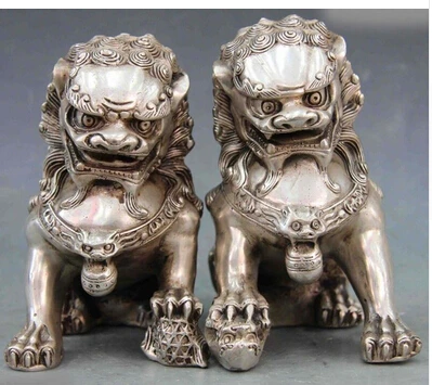 15CM 2PCS Chino blanco Copper Silver Fengshui Evil Foo perro Kilin valientes tropas par  copper decoration factory Pure Brass