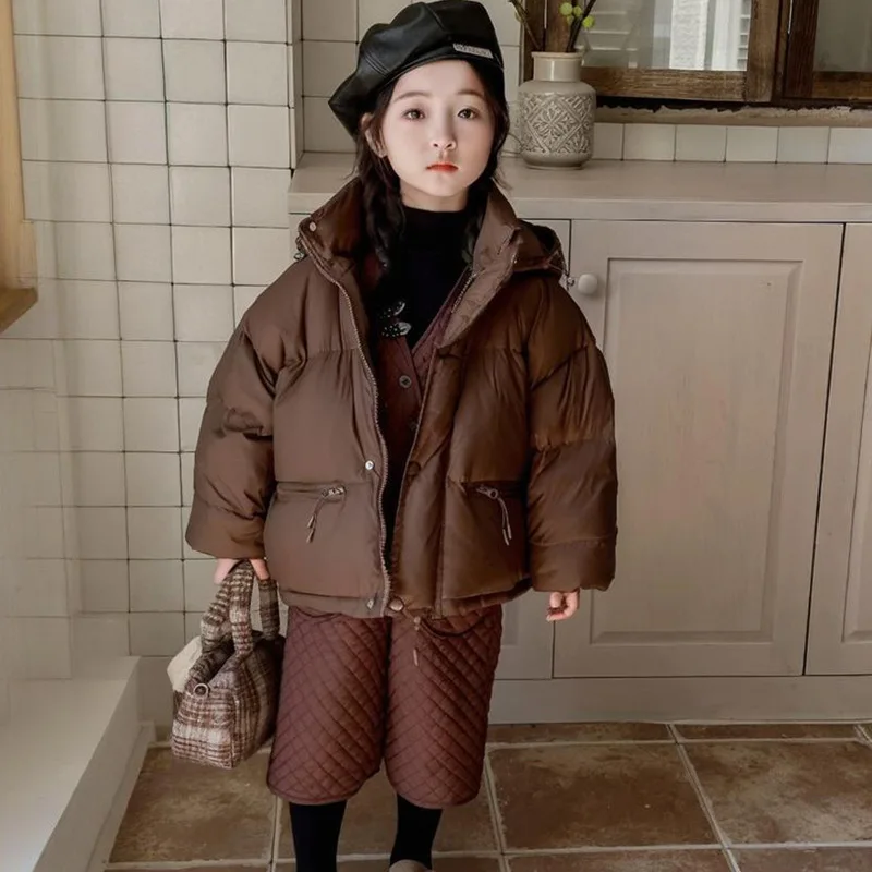 2023 Winter Neue Mädchen Lose Jacke Einfarbig Dicke Warm Halten Mit Kapuze Zipper Parka Für 4-12 Jahre Jungen baumwolle Unten Schneeanzug