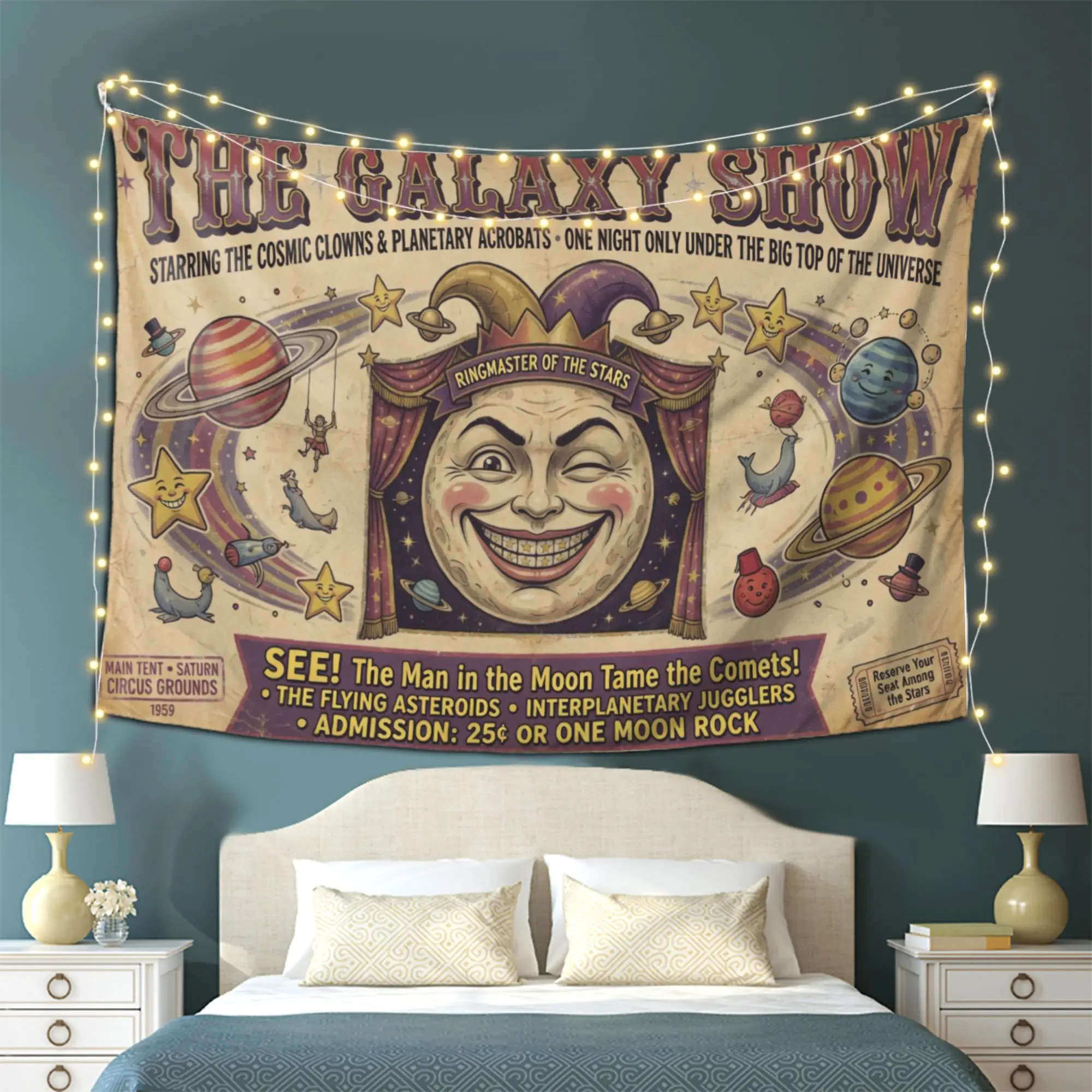 Retro Cosmic Galaxy Show Tapestry Wall Hanging Vintage Space Planets Stars Circus Decor Art Poster Aesthetic Nursery Home Decora