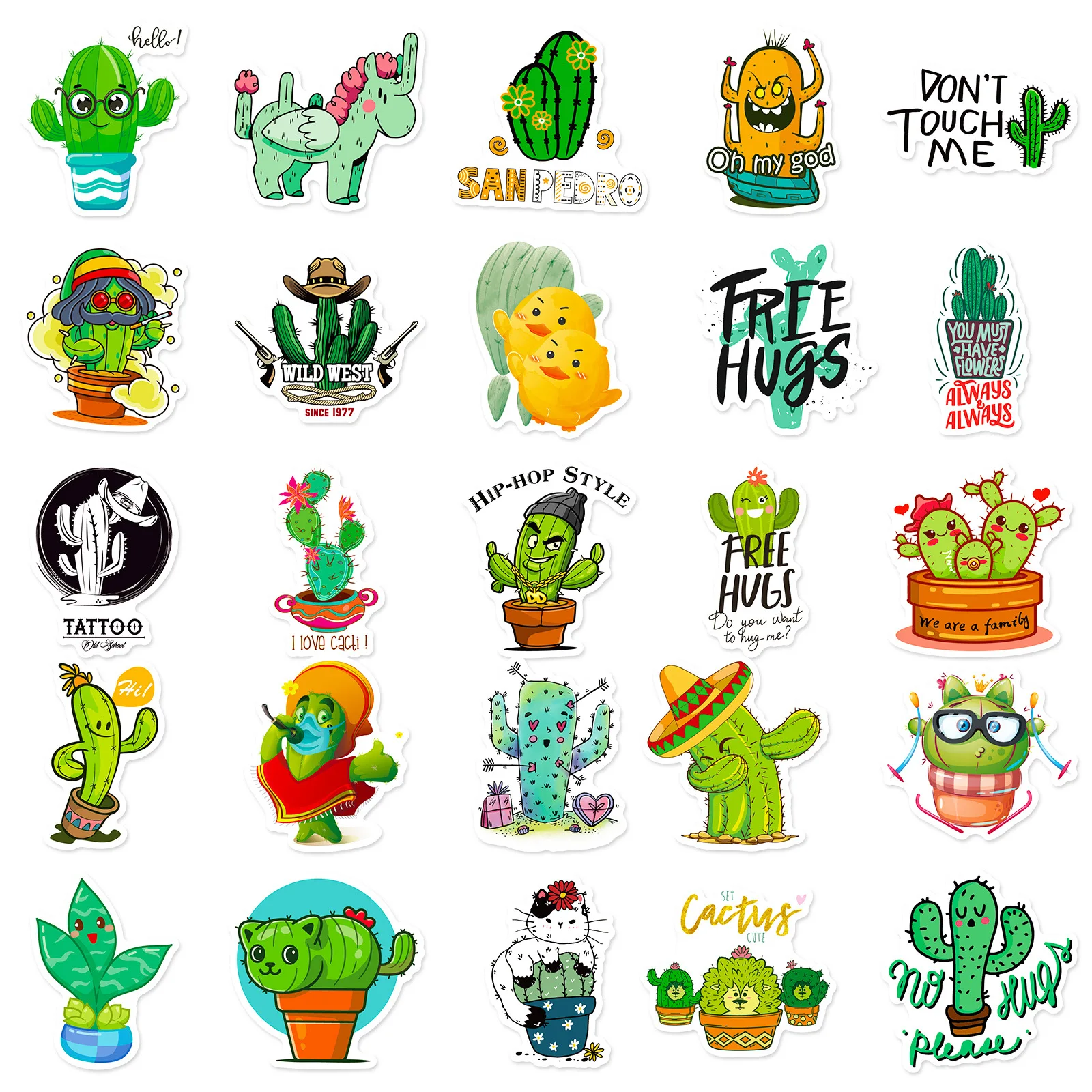 Bonito Cactus Plant Graffiti Dos Desenhos Animados Adesivos, Telefone DIY, Guitarra, Laptop, Notebook, Mala, Copa, Etiqueta impermeável, Brinquedo Infantil, 50Pcs