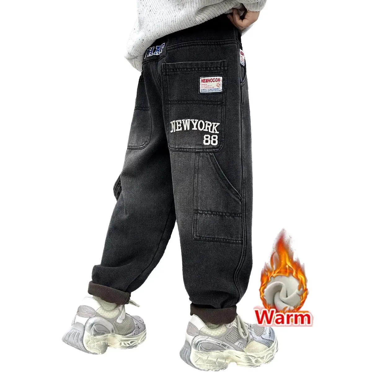 

Vintage Kids Winter Thick Black Jeans With Pocket For Boy Korean Child Fleece Corduroy Denim Pants Warm Insulated Jeans Trousers